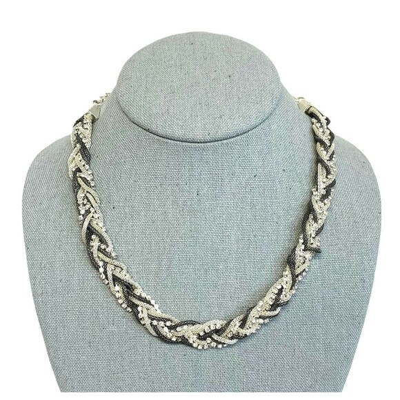 Dana Buchman Black Braided Rhinestone Necklace 14" Silver Tone Mesh 9 Strands - Picture 8 of 9